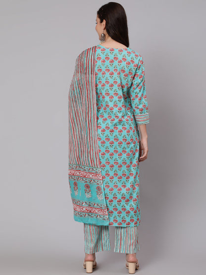 Cotton Printed Round Neck 3/4 Sleeve Straight Calf Length Ethnic Kurta Pants With Dupatta Set