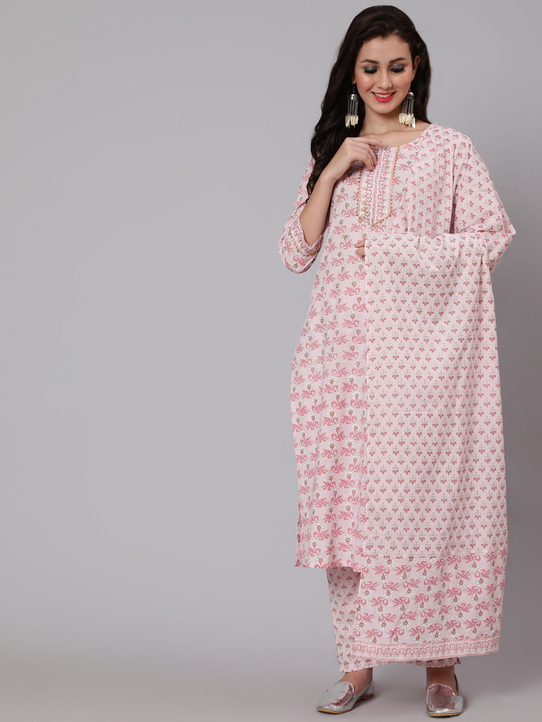 Cotton Printed Round Neck 3/4 Sleeve Straight Calf Length Ethnic Kurta Pants With Dupatta Set