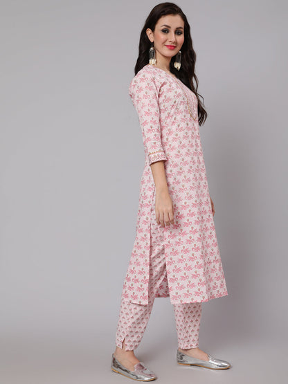 Cotton Printed Round Neck 3/4 Sleeve Straight Calf Length Ethnic Kurta Pants With Dupatta Set