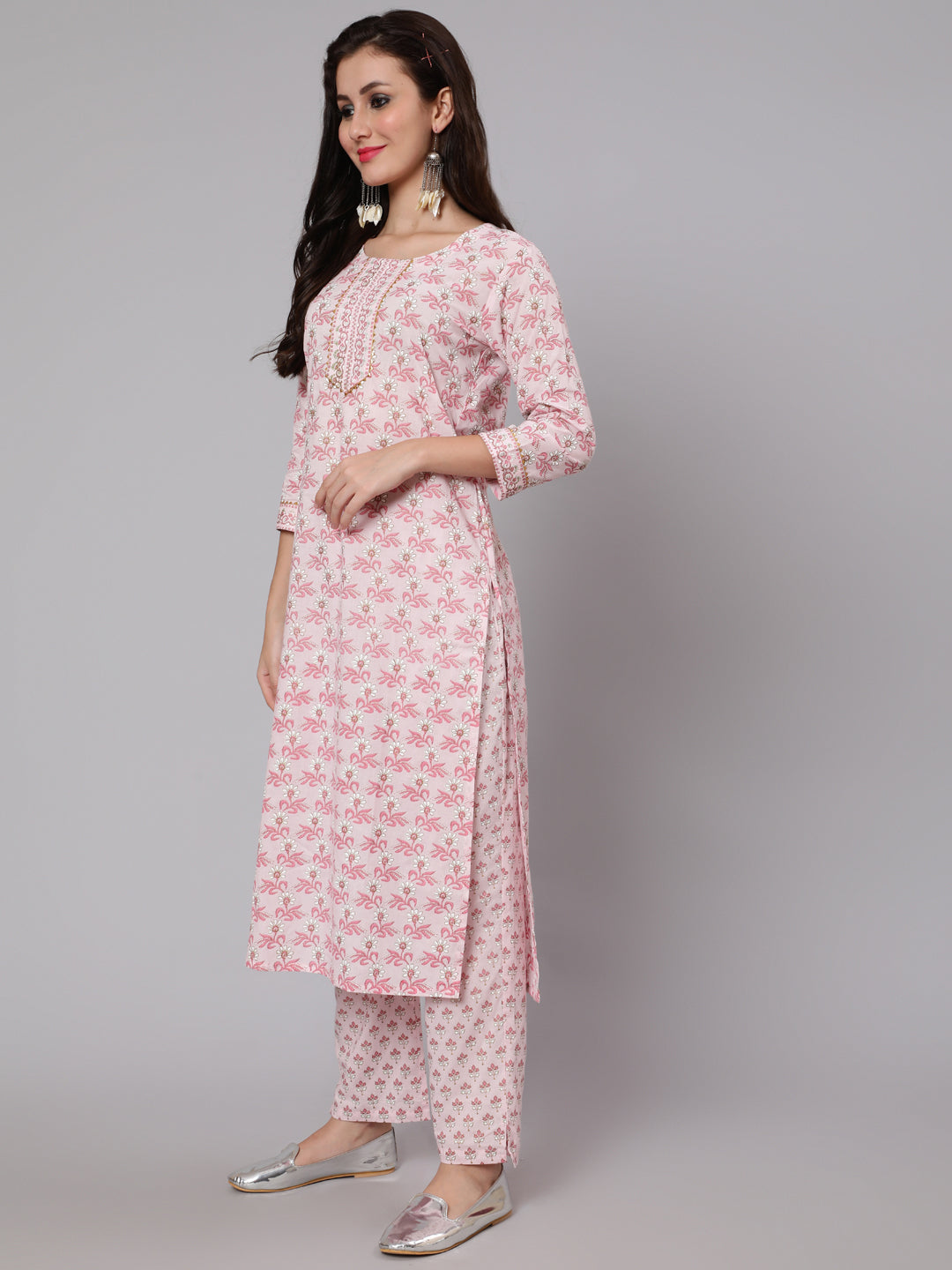 Cotton Printed Round Neck 3/4 Sleeve Straight Calf Length Ethnic Kurta Pants With Dupatta Set