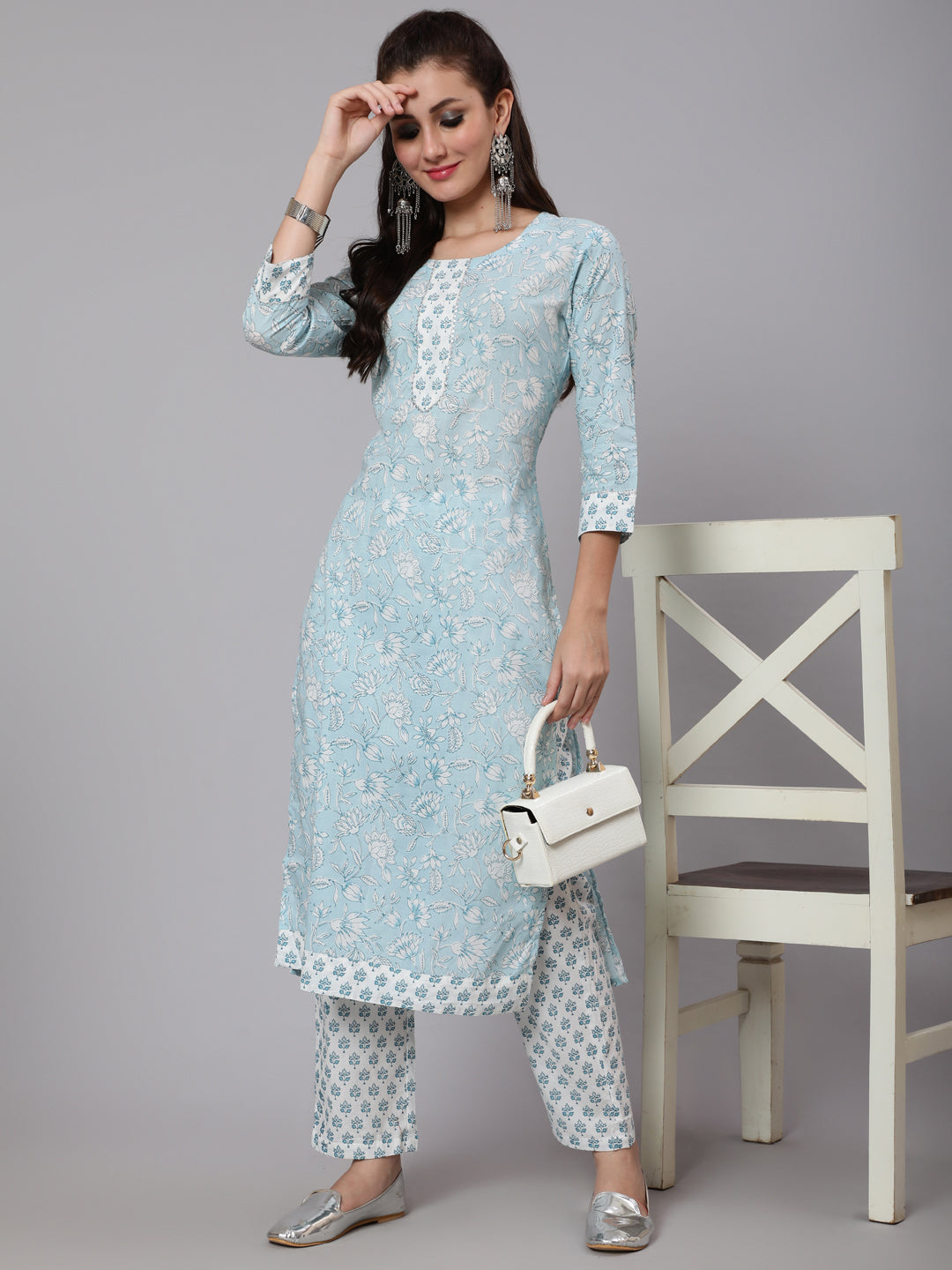 Cotton Printed Round Neck 3/4 Sleeve Straight Calf Length Ethnic Kurta Pants  Set