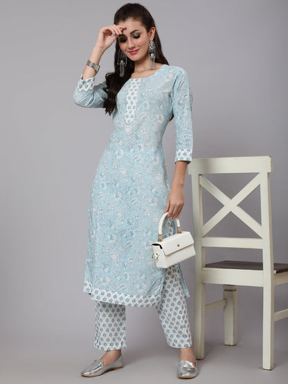 Cotton Printed Round Neck 3/4 Sleeve Straight Calf Length Ethnic Kurta Pants  Set