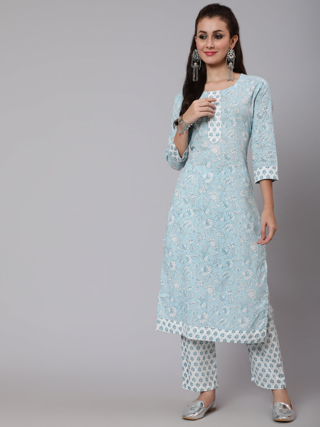 Cotton Printed Round Neck 3/4 Sleeve Straight Calf Length Ethnic Kurta Pants  Set