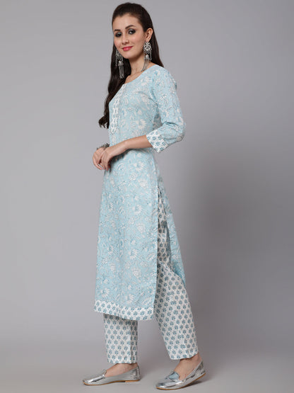 Cotton Printed Round Neck 3/4 Sleeve Straight Calf Length Ethnic Kurta Pants  Set