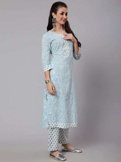 Cotton Printed Round Neck 3/4 Sleeve Straight Calf Length Ethnic Kurta Pants  Set