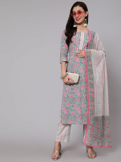 Cotton Printed Round Neck 3/4 Sleeve Straight Calf Length Ethnic Kurta Pants With Dupatta Set