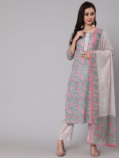 Cotton Printed Round Neck 3/4 Sleeve Straight Calf Length Ethnic Kurta Pants With Dupatta Set