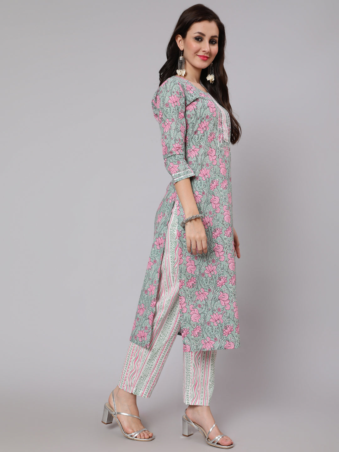 Cotton Printed Round Neck 3/4 Sleeve Straight Calf Length Ethnic Kurta Pants With Dupatta Set