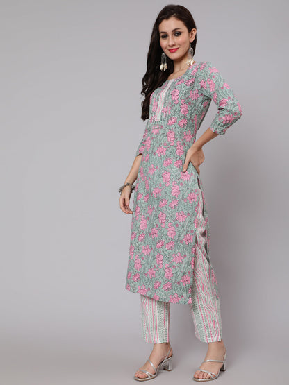 Cotton Printed Round Neck 3/4 Sleeve Straight Calf Length Ethnic Kurta Pants With Dupatta Set