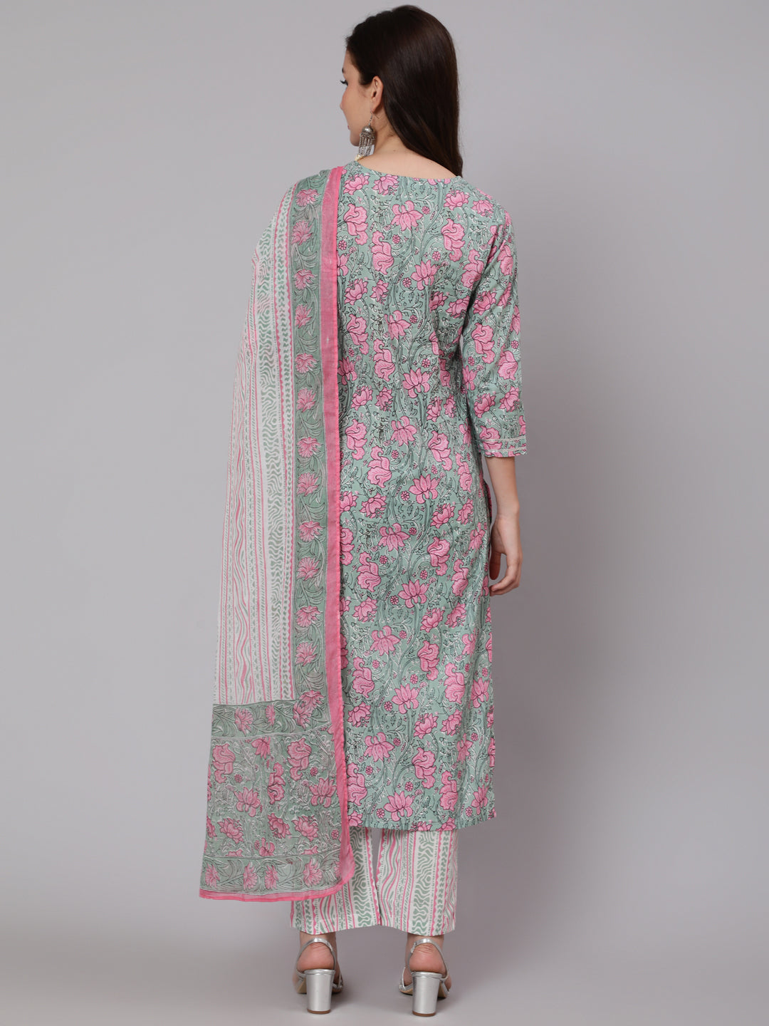 Cotton Printed Round Neck 3/4 Sleeve Straight Calf Length Ethnic Kurta Pants With Dupatta Set