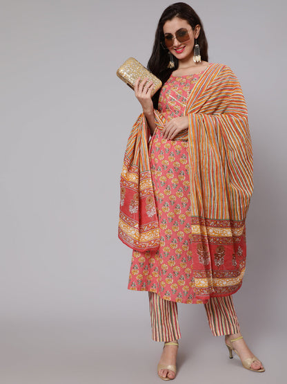 Cotton Printed Round Neck 3/4 Sleeve Straight Calf Length Ethnic Kurta Pants With Dupatta Set