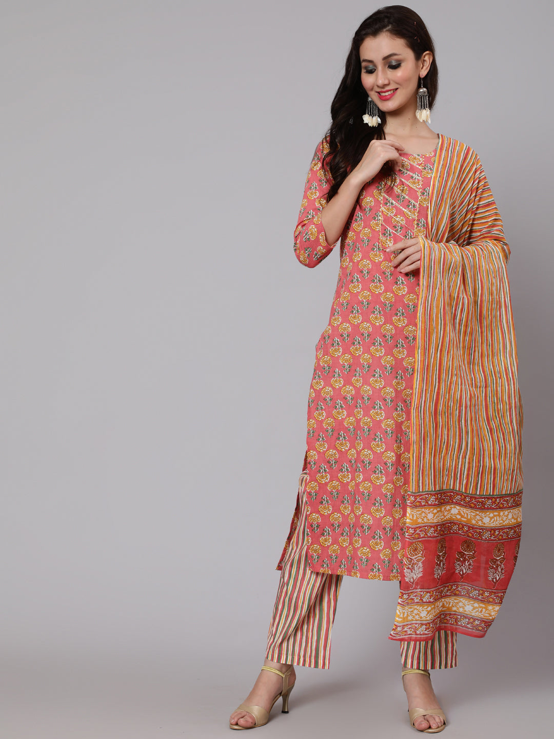 Cotton Printed Round Neck 3/4 Sleeve Straight Calf Length Ethnic Kurta Pants With Dupatta Set