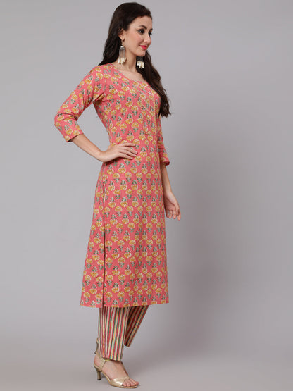 Cotton Printed Round Neck 3/4 Sleeve Straight Calf Length Ethnic Kurta Pants With Dupatta Set