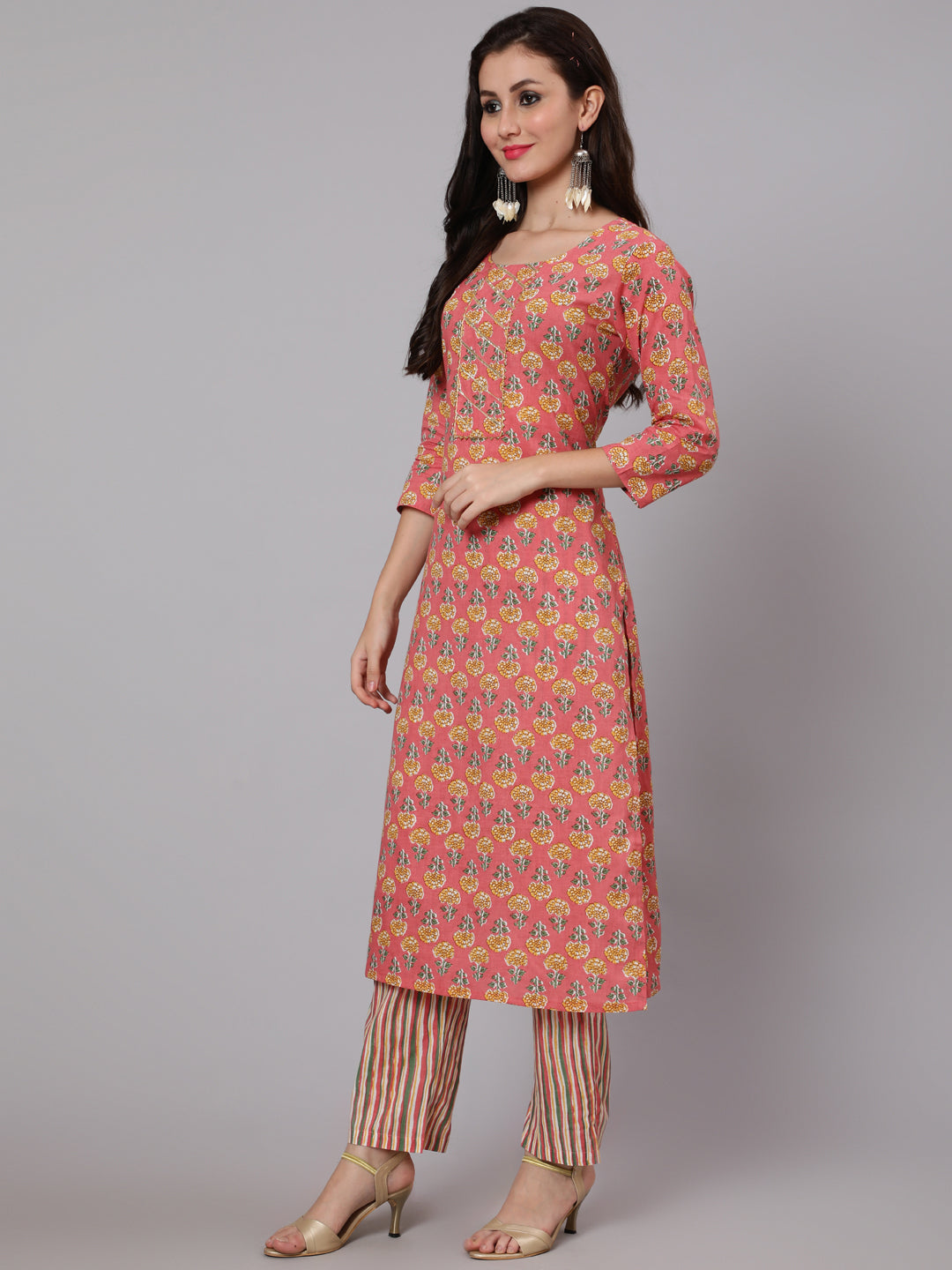 Cotton Printed Round Neck 3/4 Sleeve Straight Calf Length Ethnic Kurta Pants With Dupatta Set