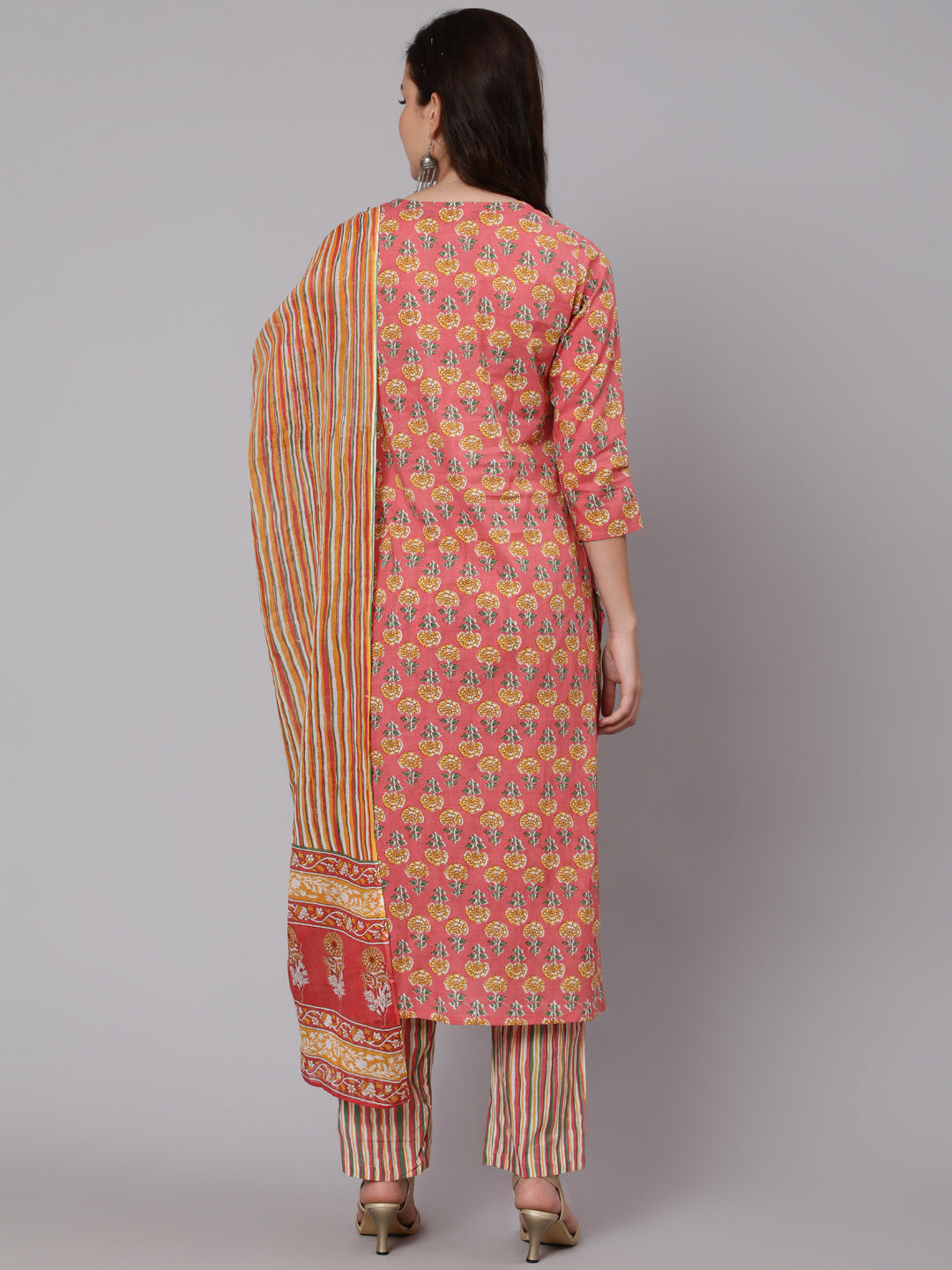 Cotton Printed Round Neck 3/4 Sleeve Straight Calf Length Ethnic Kurta Pants With Dupatta Set