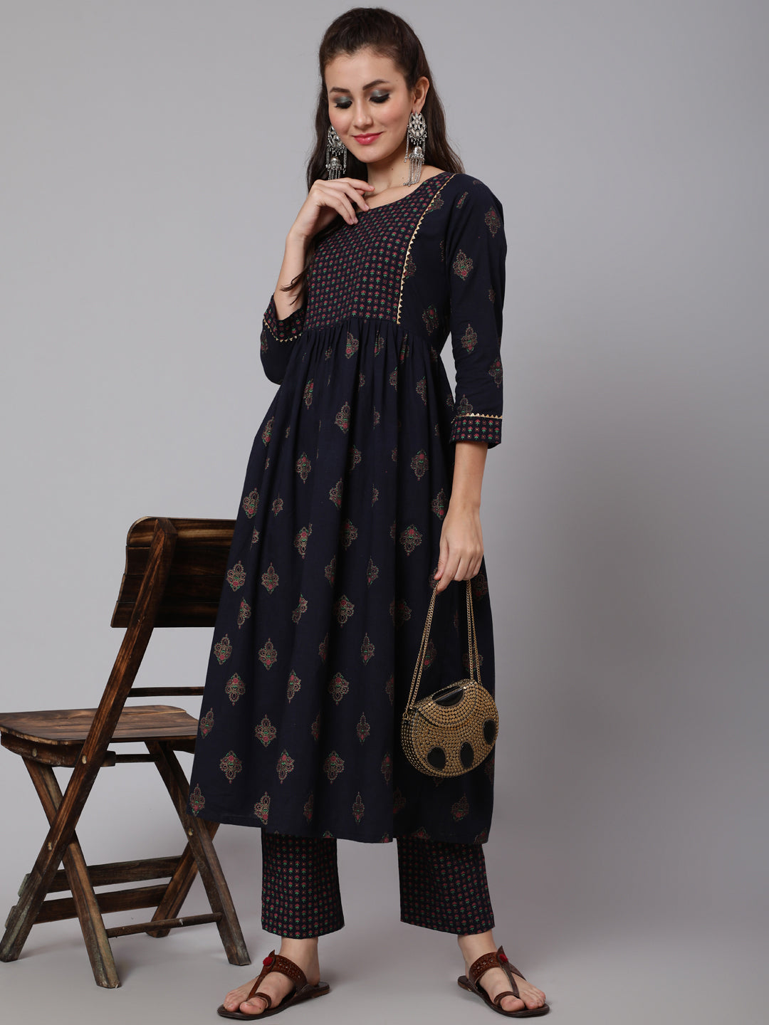 Cotton Printed Round Neck 3/4 Sleeve Flared  Calf Length Ethnic Kurta Pants With Set