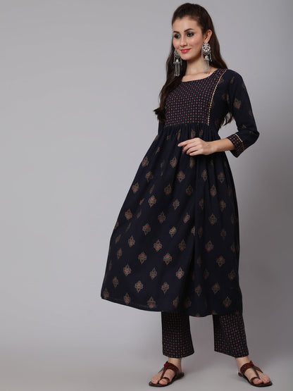 Cotton Printed Round Neck 3/4 Sleeve Flared  Calf Length Ethnic Kurta Pants With Set