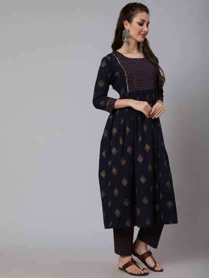 Cotton Printed Round Neck 3/4 Sleeve Flared  Calf Length Ethnic Kurta Pants With Set