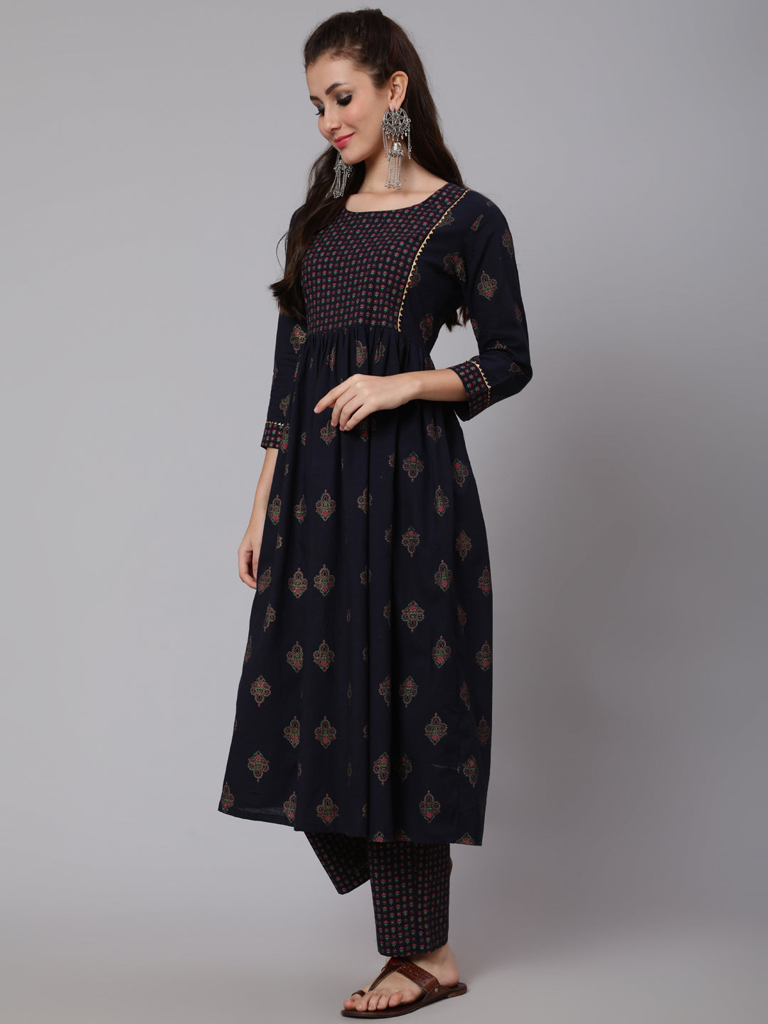 Cotton Printed Round Neck 3/4 Sleeve Flared  Calf Length Ethnic Kurta Pants With Set