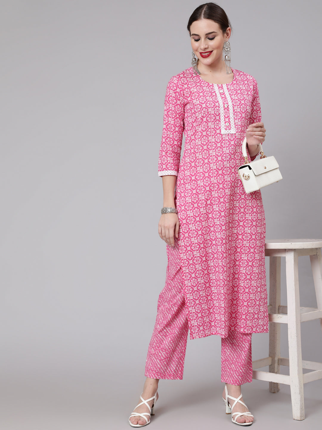 Cotton Printed Round Neck 3/4 Sleeve Straight Kurta Pant Set