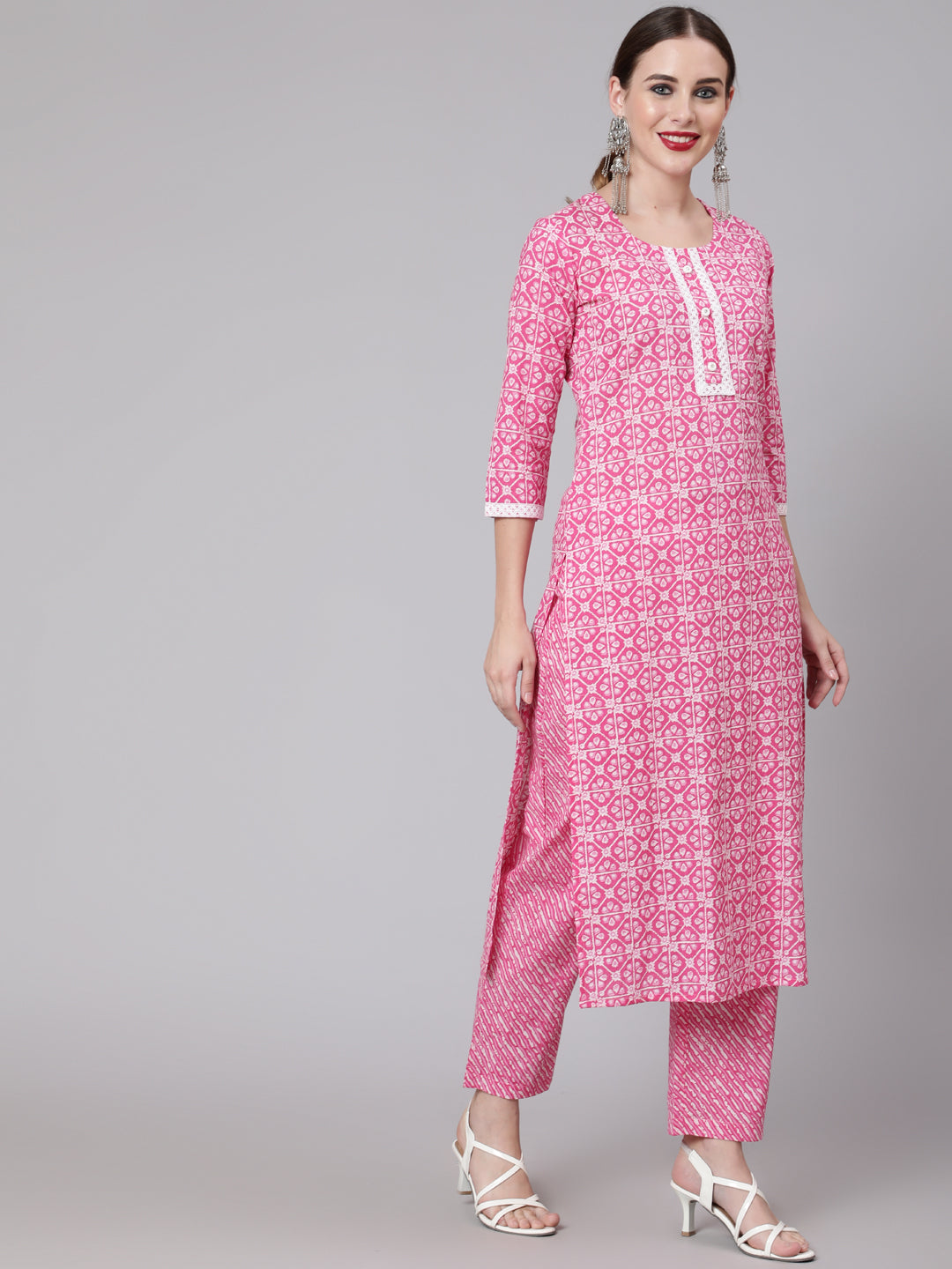 Cotton Printed Round Neck 3/4 Sleeve Straight Kurta Pant Set