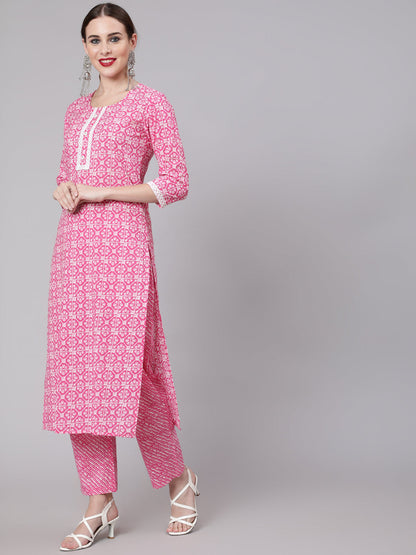 Cotton Printed Round Neck 3/4 Sleeve Straight Kurta Pant Set