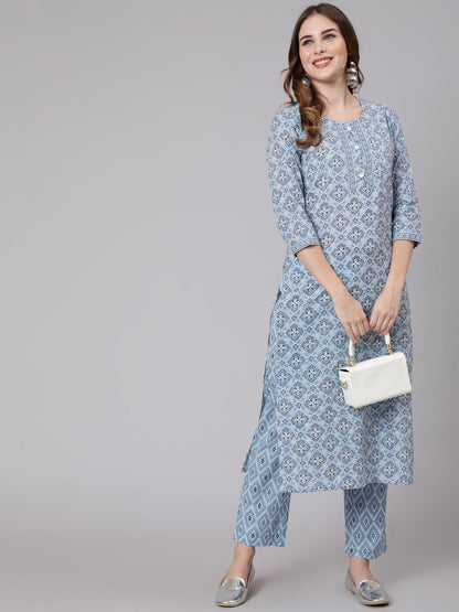 Cotton Printed Round Neck 3/4 Sleeve Straight Kurta Pant Set