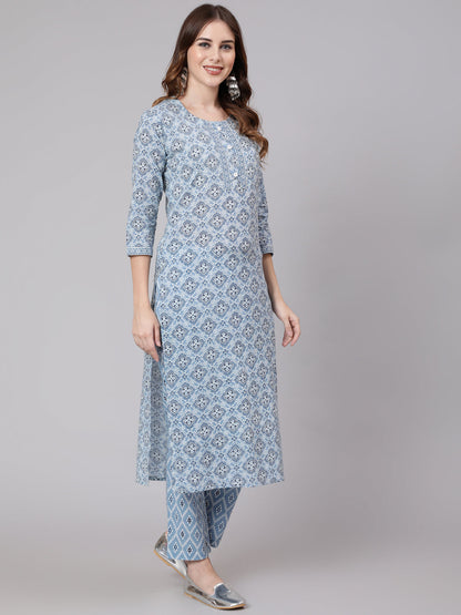 Cotton Printed Round Neck 3/4 Sleeve Straight Kurta Pant Set