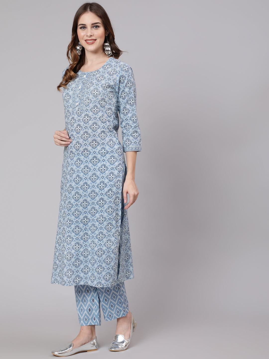 Cotton Printed Round Neck 3/4 Sleeve Straight Kurta Pant Set