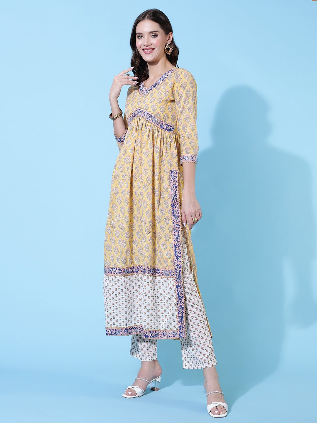 Rayon Printed Calf Length Straight 3/4 Sleeve Round Neck Kurta, Pants With Dupatta Set