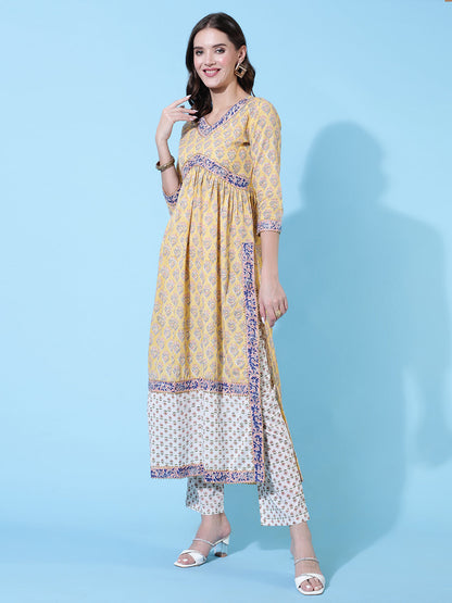 Rayon Printed Calf Length Straight 3/4 Sleeve Round Neck Kurta, Pants With Dupatta Set