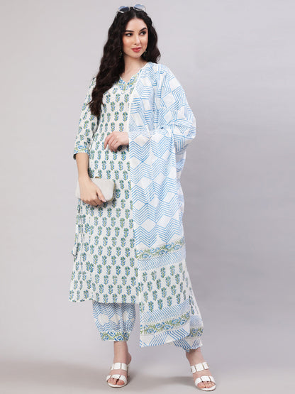 Rayon Printed Ankle Length Flared 3/4 Sleeve Round Neck Kurta, Pants With Dupatta Set