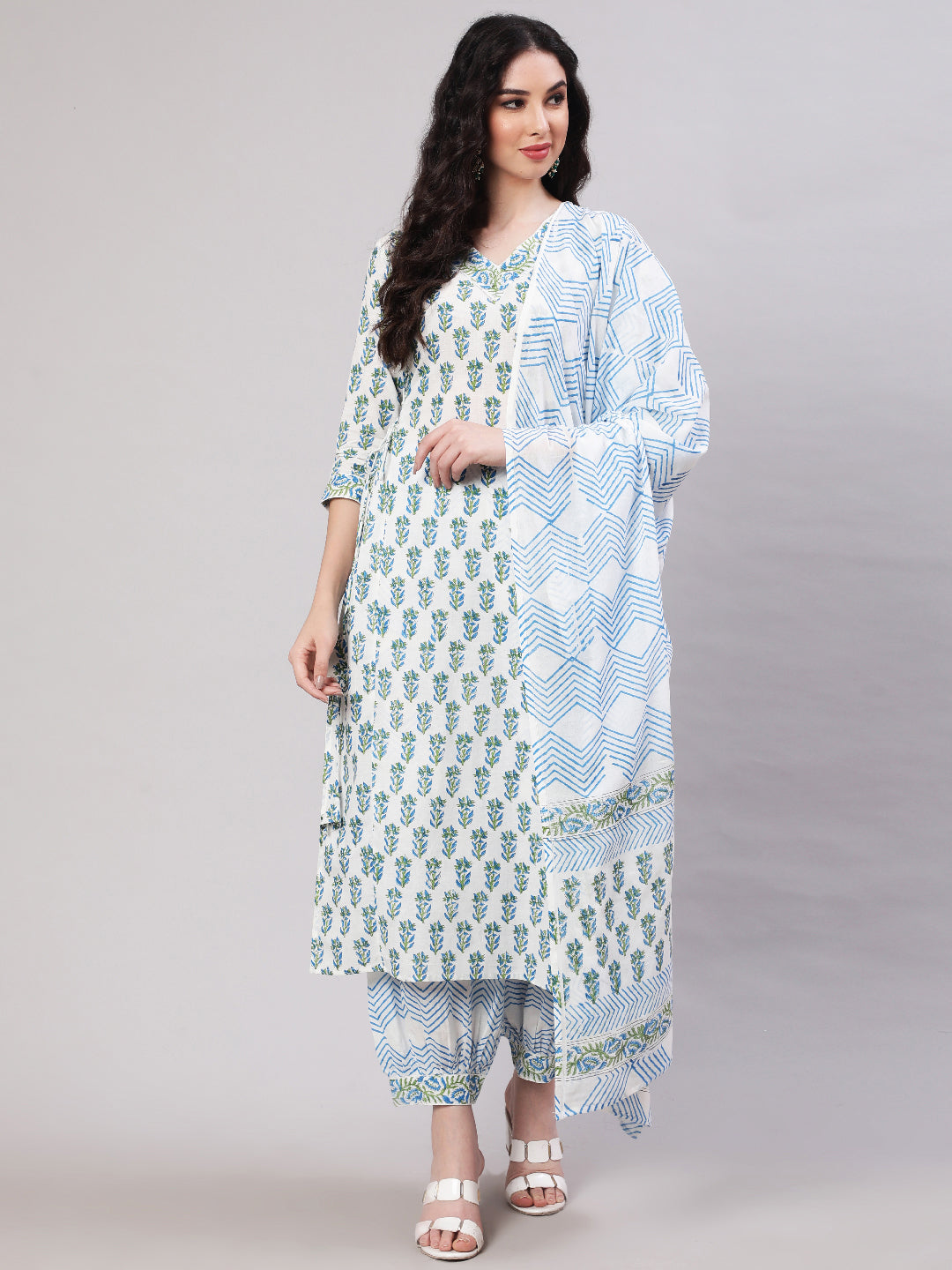 Rayon Printed Ankle Length Flared 3/4 Sleeve Round Neck Kurta, Pants With Dupatta Set