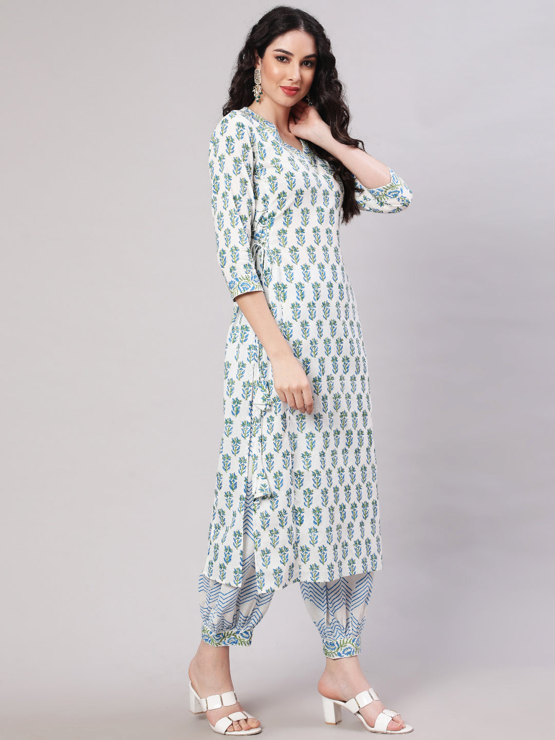 Rayon Printed Ankle Length Flared 3/4 Sleeve Round Neck Kurta, Pants With Dupatta Set