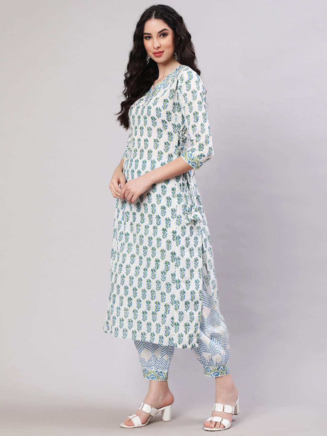 Rayon Printed Ankle Length Flared 3/4 Sleeve Round Neck Kurta, Pants With Dupatta Set