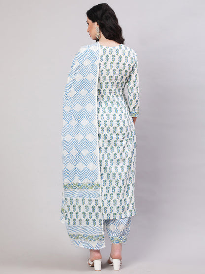 Rayon Printed Ankle Length Flared 3/4 Sleeve Round Neck Kurta, Pants With Dupatta Set