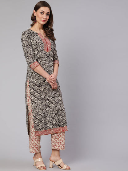 Cotton Printed Calf Length Straight Round Neck Kurta, Pants With Dupatta Set