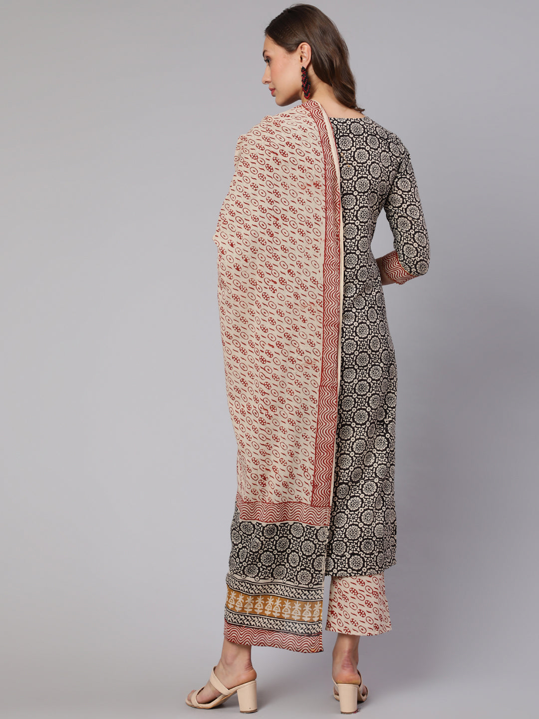 Cotton Printed Calf Length Straight Round Neck Kurta, Pants With Dupatta Set