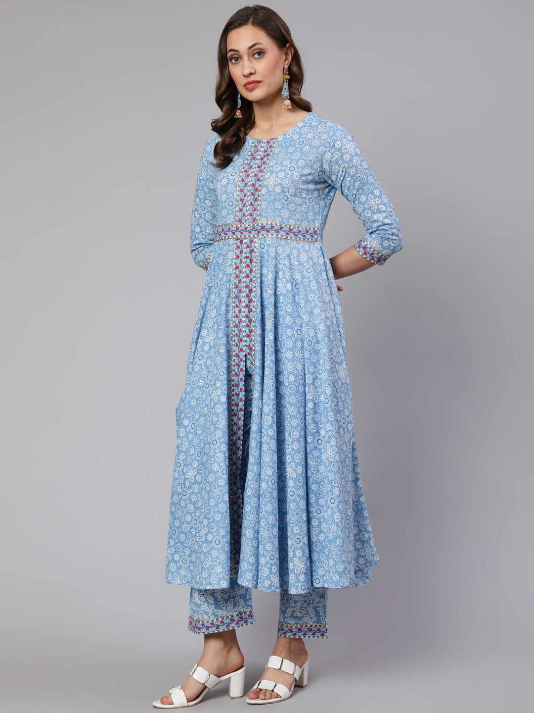 Cotton Printed Ankle Length Flared Round Neck Kurta, Pants With Dupatta Set