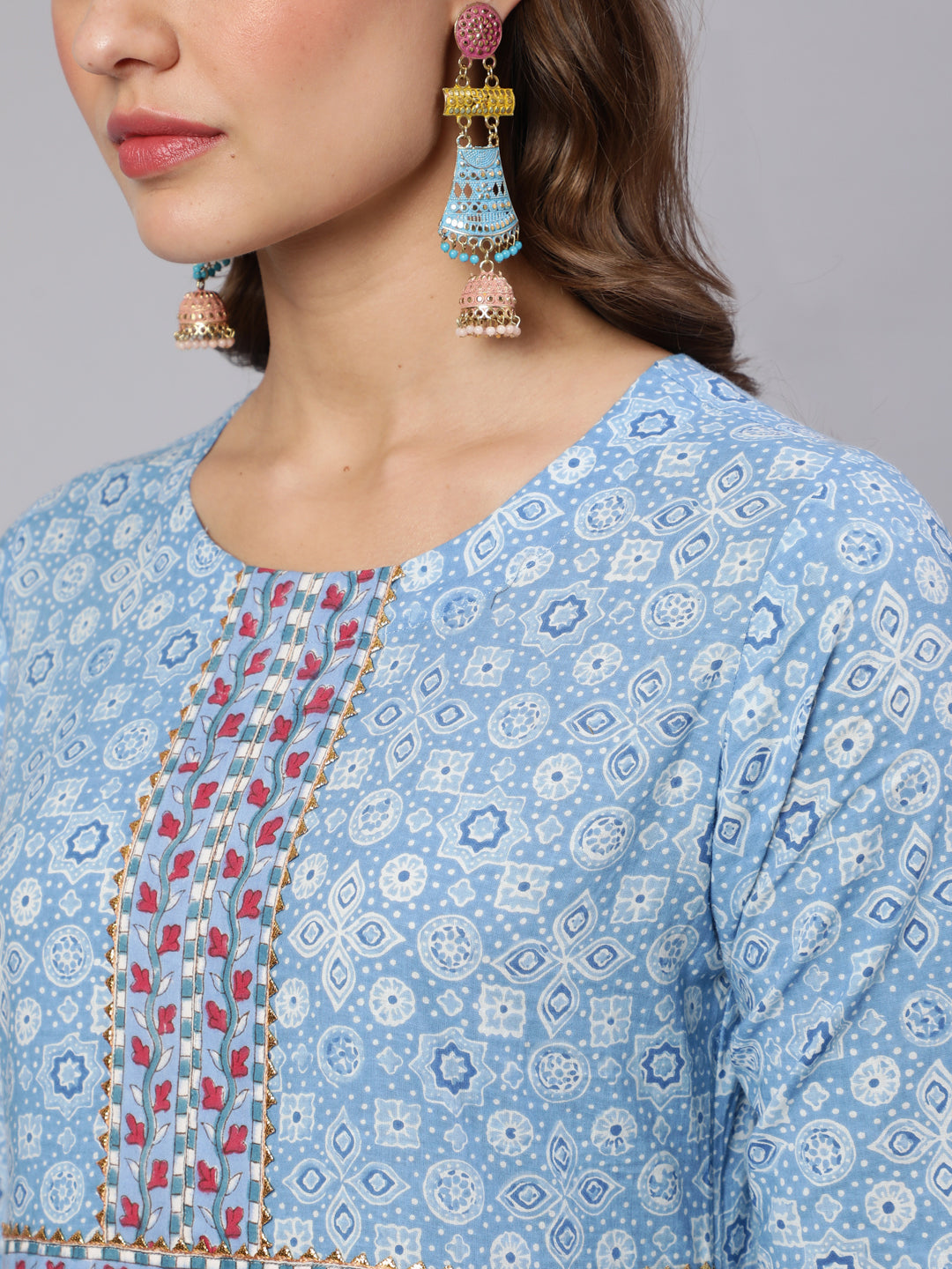 Cotton Printed Ankle Length Flared Round Neck Kurta, Pants With Dupatta Set