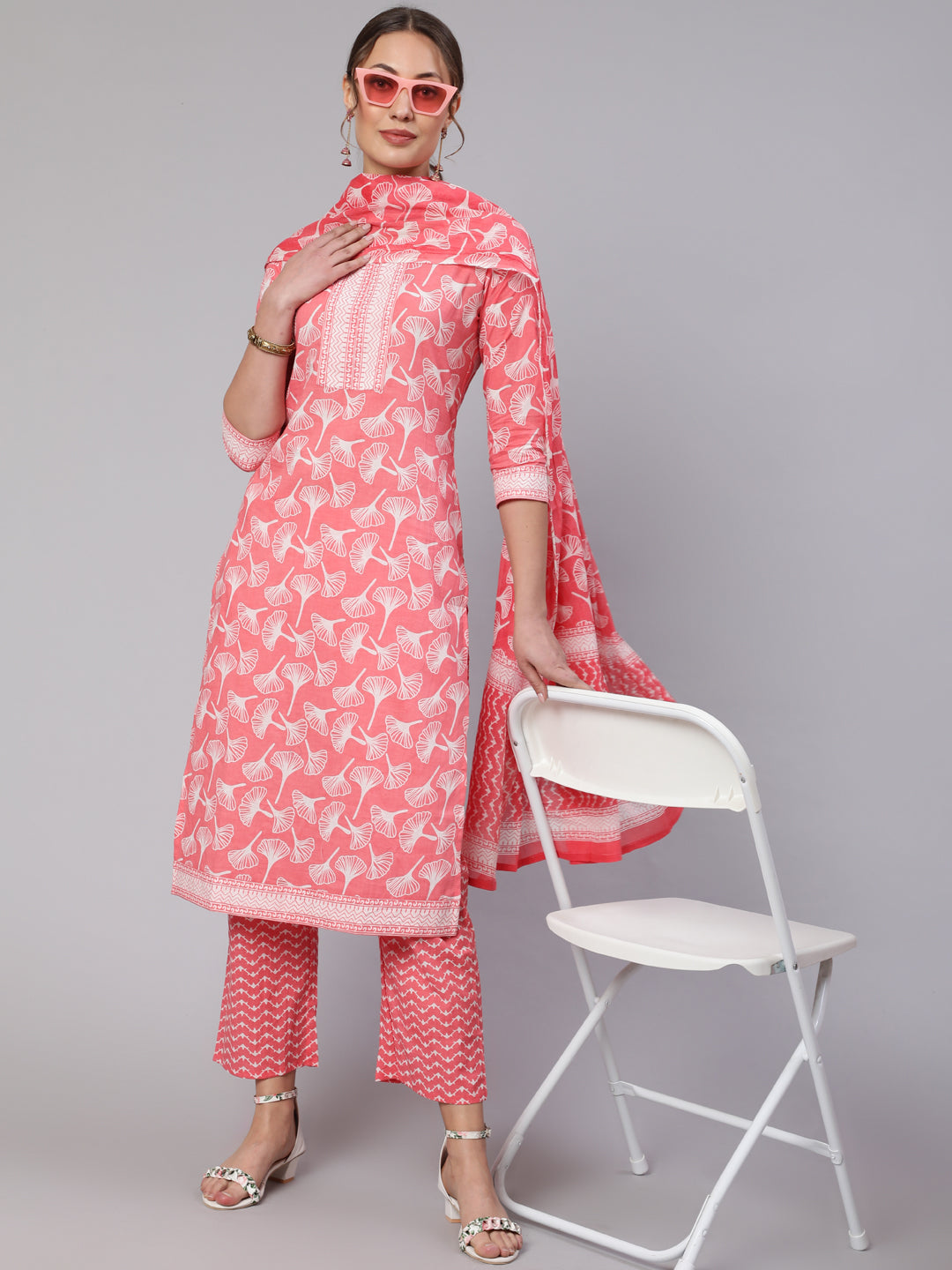 Cotton Printed Calf Length Straight Round Neck Kurta, Pants With Dupatta Set