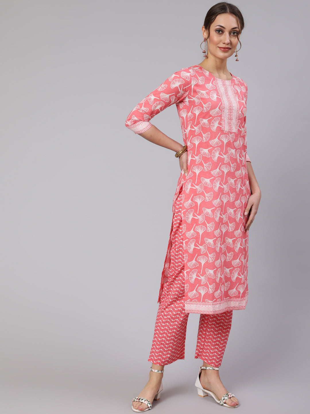 Cotton Printed Calf Length Straight Round Neck Kurta, Pants With Dupatta Set