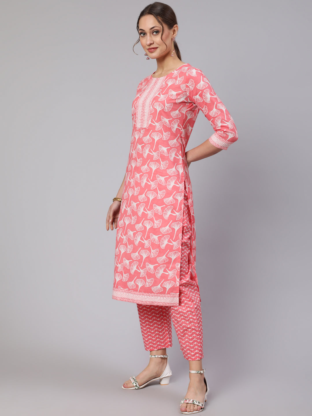 Cotton Printed Calf Length Straight Round Neck Kurta, Pants With Dupatta Set