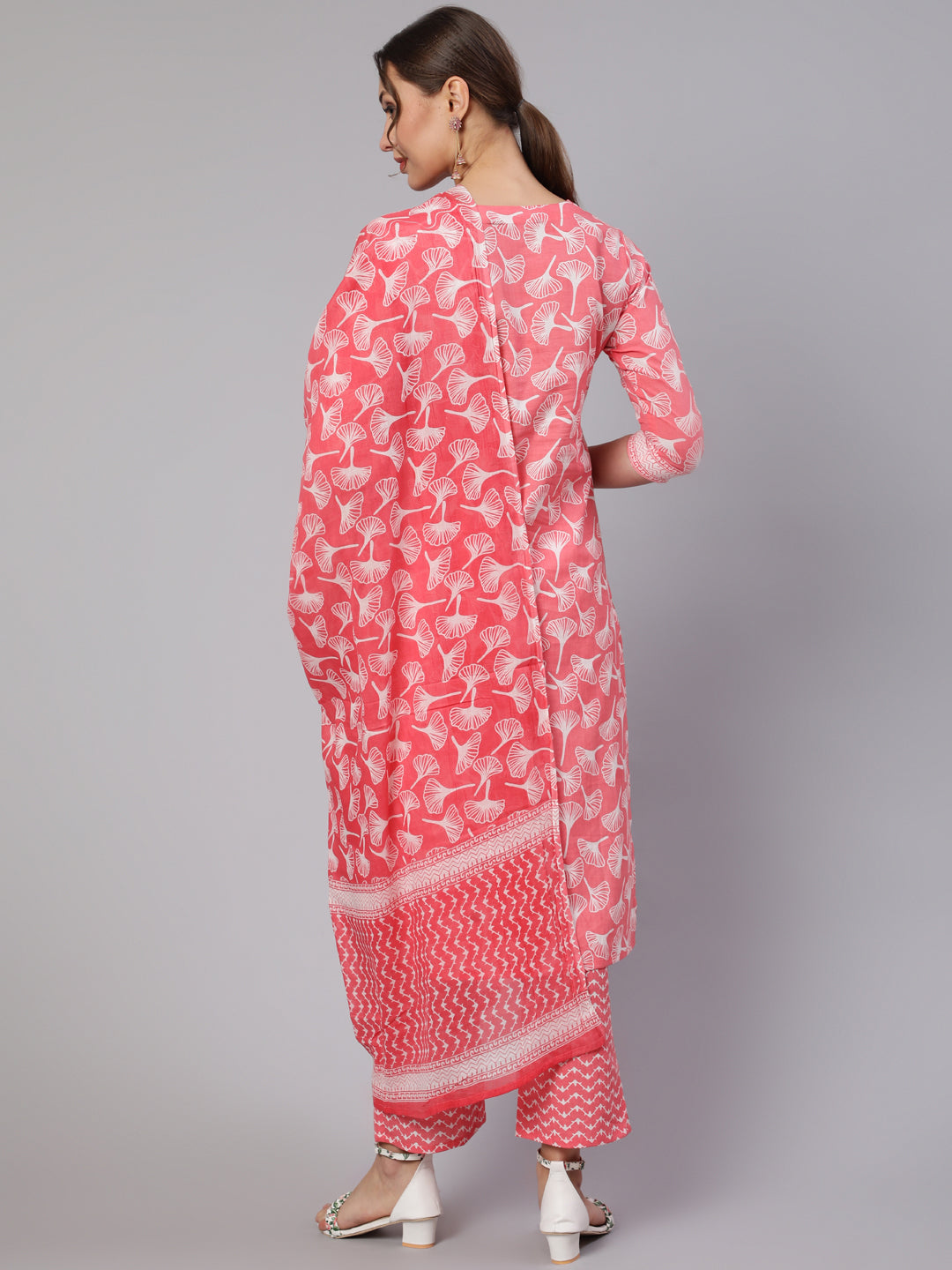 Cotton Printed Calf Length Straight Round Neck Kurta, Pants With Dupatta Set