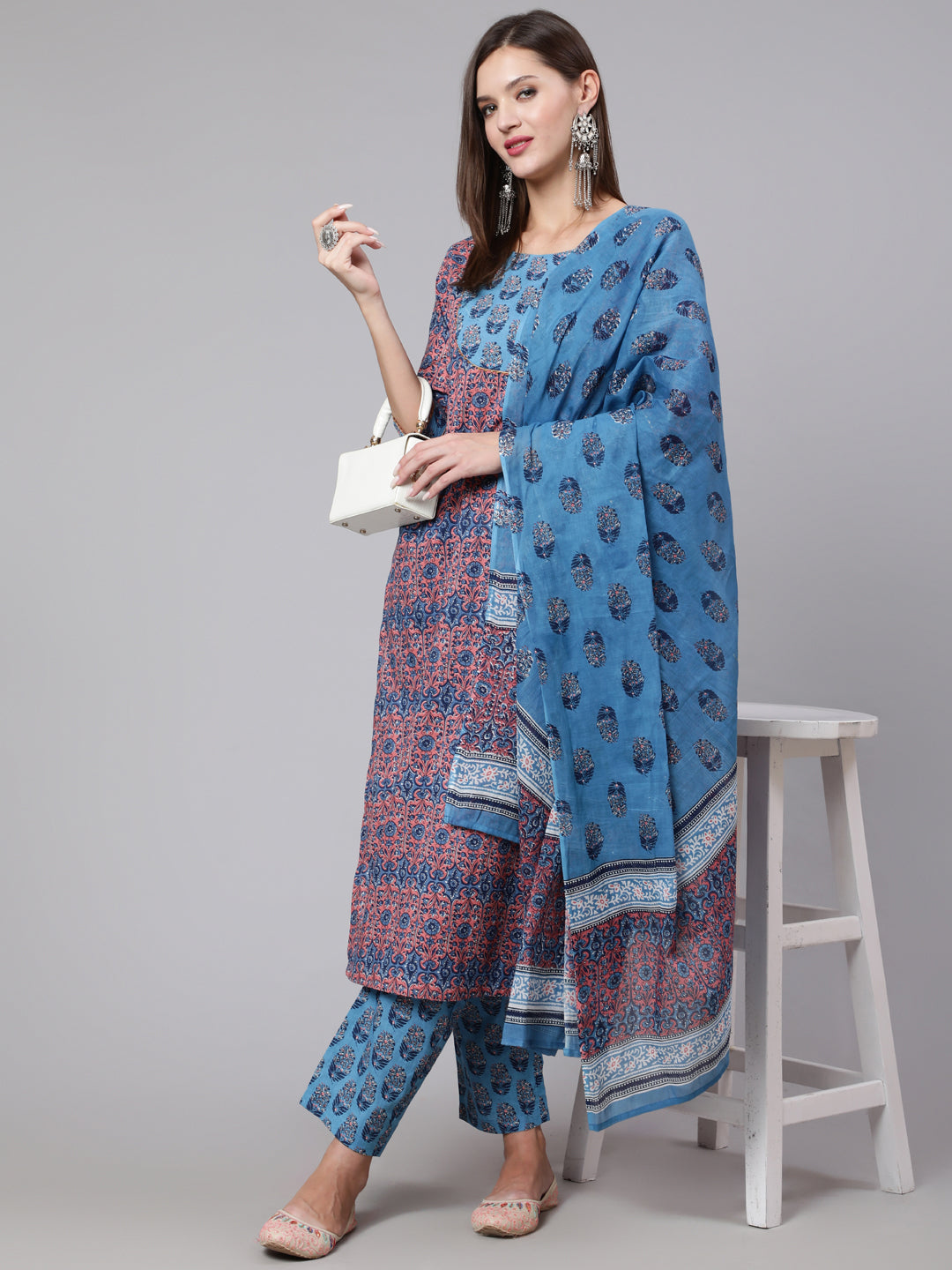 Cotton Printed Calf Length Straight Round Neck Kurta, Pants With Dupatta Set