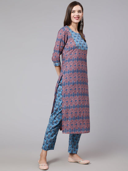 Cotton Printed Calf Length Straight Round Neck Kurta, Pants With Dupatta Set