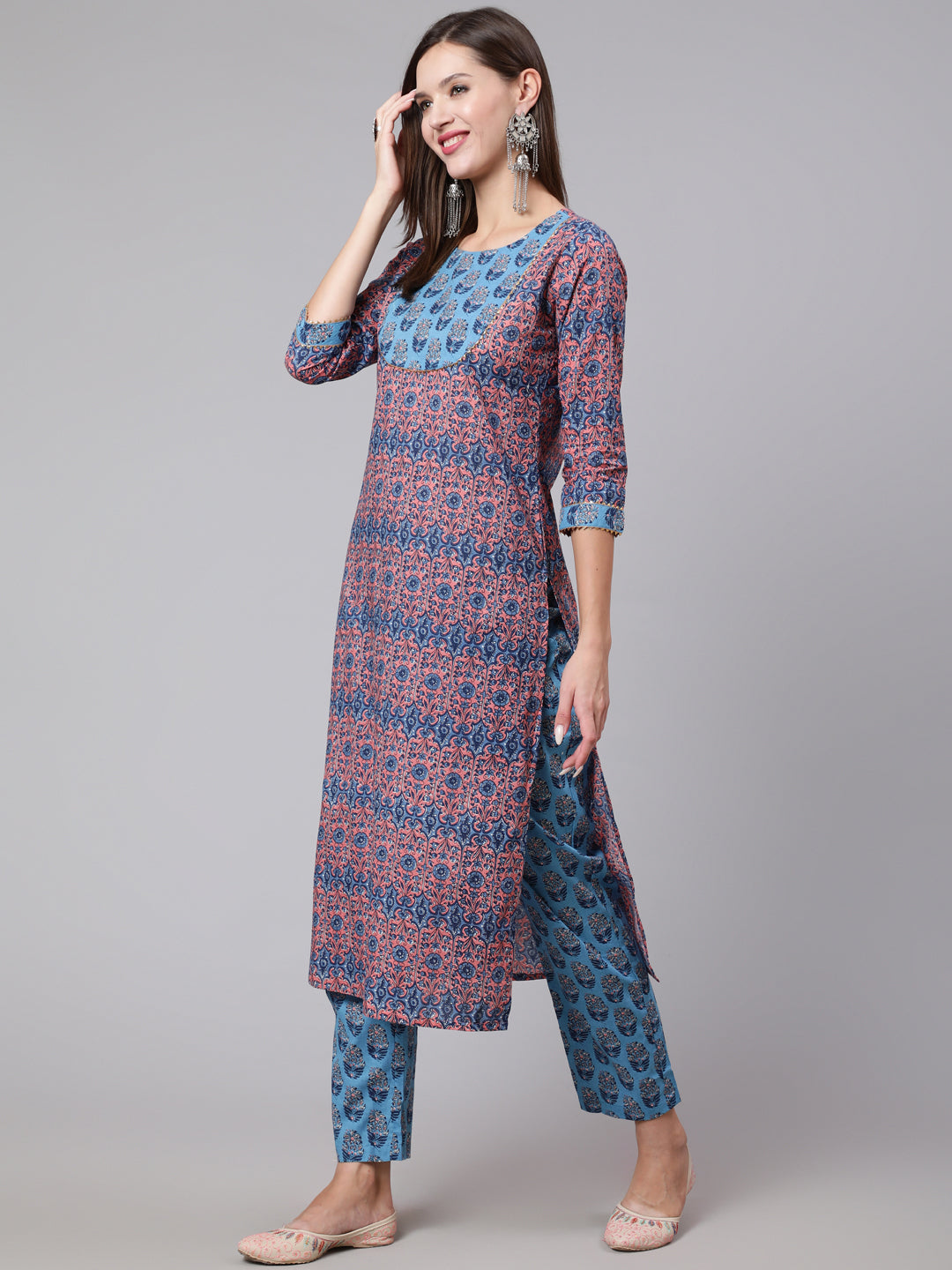 Cotton Printed Calf Length Straight Round Neck Kurta, Pants With Dupatta Set