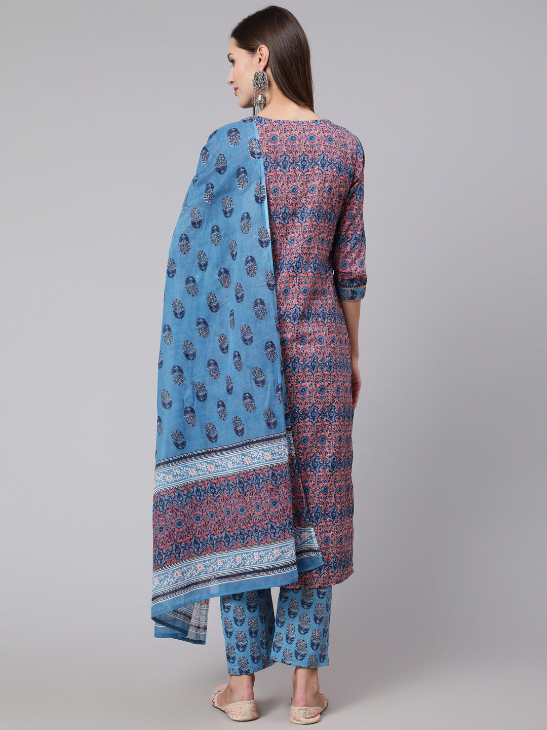 Cotton Printed Calf Length Straight Round Neck Kurta, Pants With Dupatta Set