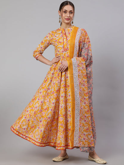 Cotton Printed Ankle Length Flared 3/4 Sleeve Mandarin Neck Kurta, Pants With Dupatta Set