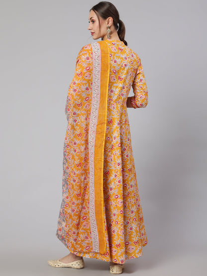 Cotton Printed Ankle Length Flared 3/4 Sleeve Mandarin Neck Kurta, Pants With Dupatta Set